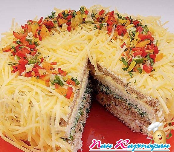 Бутербродный торт с окороком и сыром